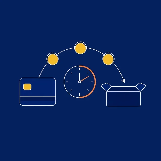 Illustration: Münzen wandern über eine Bogenbahn von einer Karte in einen offenen Behälter, daneben eine Uhr