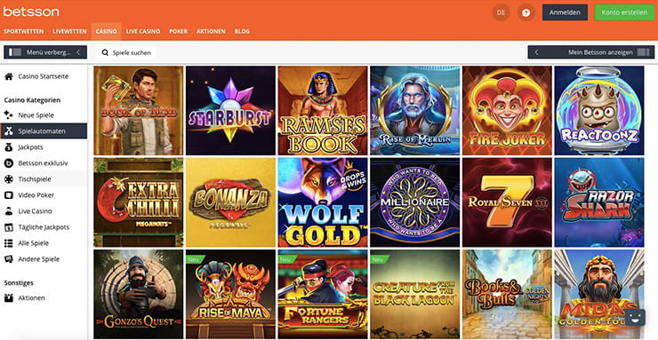 Vorschaubild Betsson Casino Spielauswahl